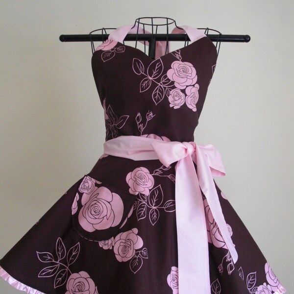 Retro Apron Pink Roses on Brown Circular Flirty Skirt