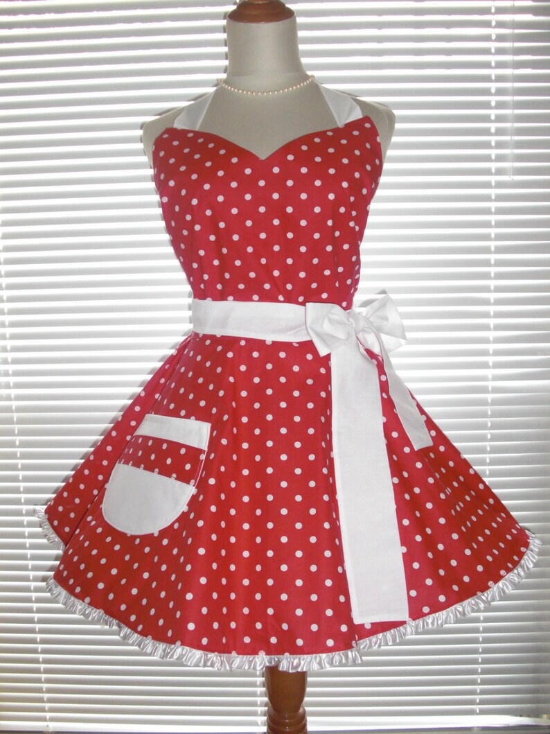 Sweetheart Retro Diner Apron White Dots On Red White Accents Circular Flirty Skirt Trimmed with Ruffled Ribbon