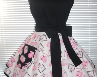 Retro Pinup Style Apron Girly Metallic Silver Bling, Black and Pink Retro Look Fabric Flirty Circular Skirt