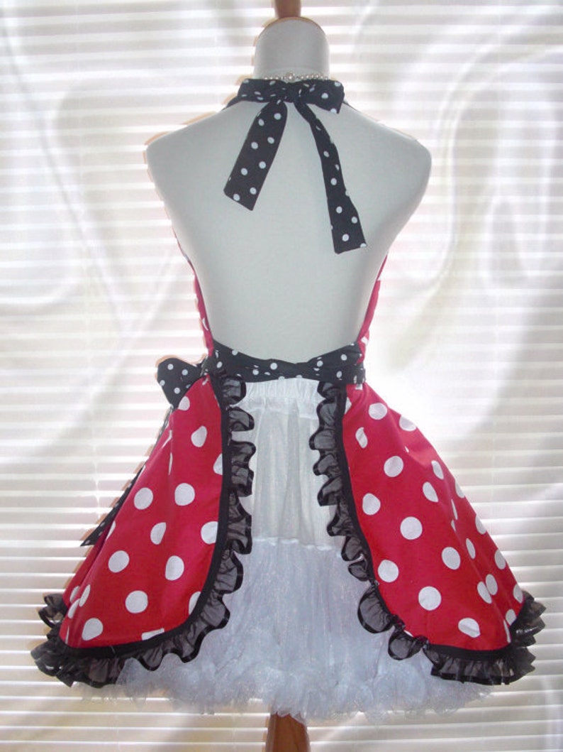 French Maid Apron Pin-up Retro Style Costume Apron Flirty Skirt Sweetheart Neckline Red with Big White Polka Dots