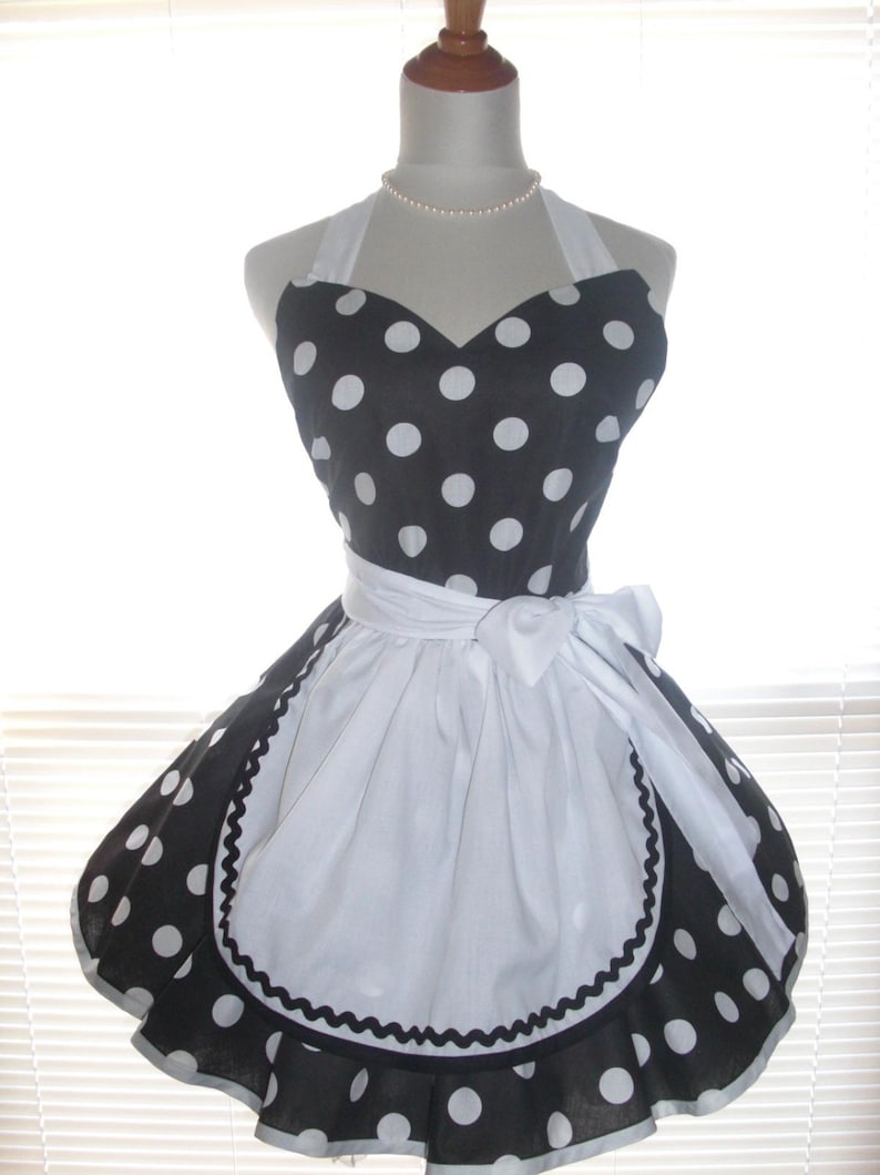 Pin-up Retro Style Black with Large White Polka Dots Flirty Skirt Sweetheart Neckline Womens Full Apron French Maid Apron