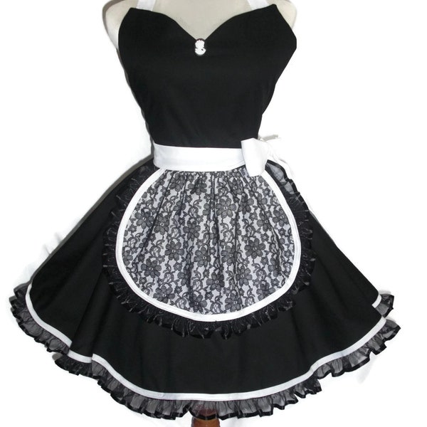 Black and White French Maid Apron – Black Lace Apron - Costume Apron Pin-up - Retro Style - Flirty Skirt - Sweetheart Neckline with Cameo