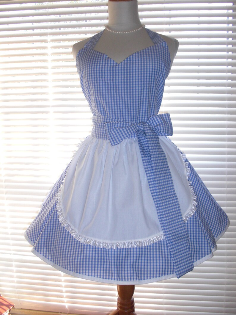 PLUS SIZE Retro Costume Apron French Maid Apron Blue and White Gingham