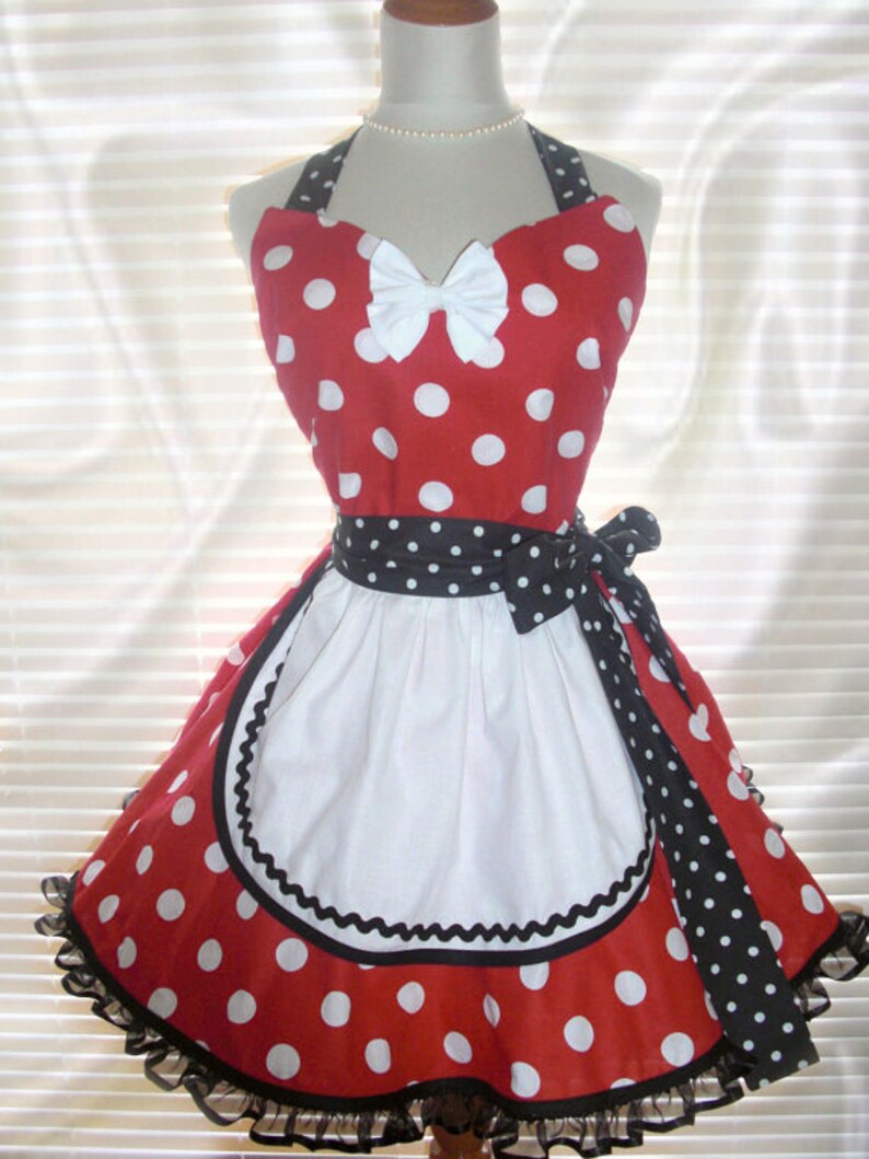 French Maid Apron Pin-up Retro Style Costume Apron Flirty Skirt Sweetheart Neckline Red with Big White Polka Dots