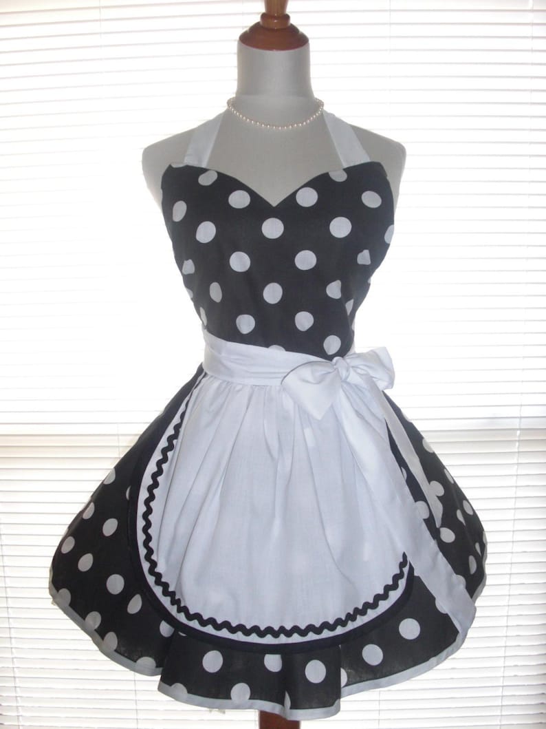 Pin-up Retro Style Black with Large White Polka Dots Flirty Skirt Sweetheart Neckline Womens Full Apron French Maid Apron