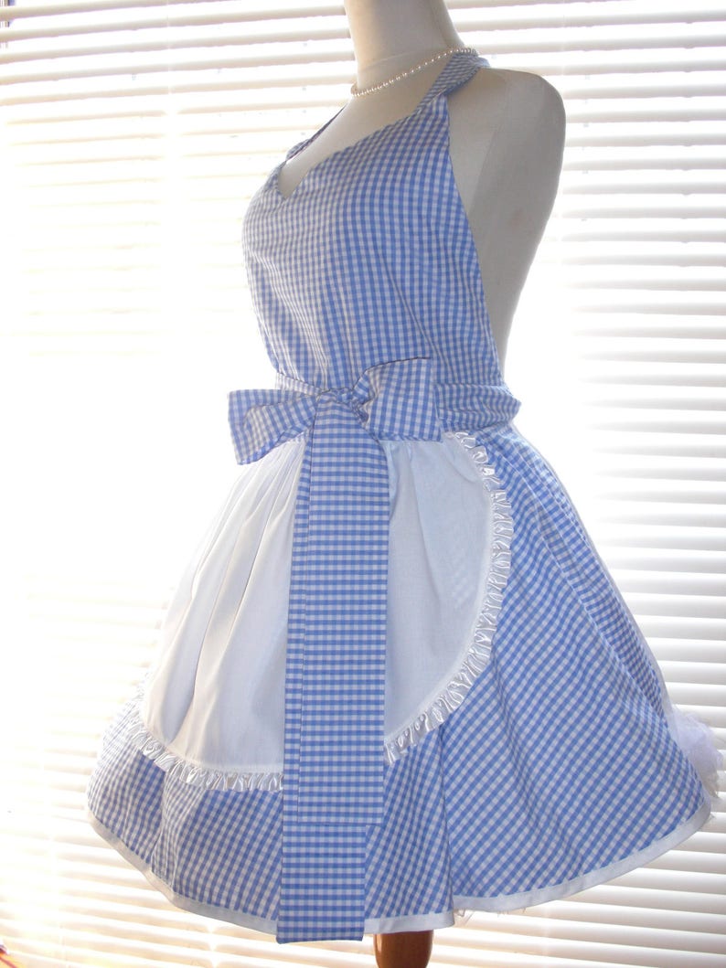 PLUS SIZE Retro Costume Apron French Maid Apron Blue and White Gingham