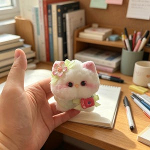 Può includere: Un giocattolo di peluche a forma di gatto bianco con dettagli rosa sulle orecchie e sulle guance, adornato con un fiore e un nastro. Il giocattolo ha grandi occhi espressivi e un piccolo dettaglio di fotocamera. È tenuto in mano, con una scrivania e articoli di cancelleria sullo sfondo.