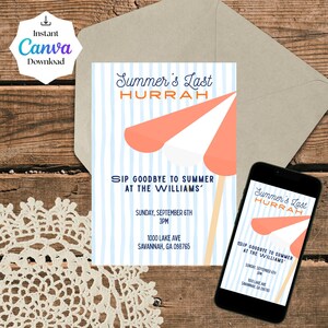 Puede incluir: Una tarjeta de invitación y un teléfono inteligente con el mismo diseño, con un fondo de rayas azul claro, un gráfico de sombrilla de playa coral y blanco, y el texto Summer's Last HURRAH, SIP GOODBYE TO SUMMER AT THE WILLIAMS.