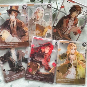 May include: Five rectangular clear plastic cards featuring anime-style character illustrations. Each card displays a unique character, decorative envelope icons, and the printed text: MY LETTER, KEEPSAKE, and THERE'S A SECRET MESSAGE I WANT TO TELL YOU.