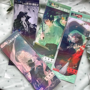 May include: Four rectangular bookmarks featuring anime-style illustrations of characters from Lord of Mysteries. Each bookmark displays the text Lord of Mysteries, Klein Moretti, and Chinese characters, with vibrant scenes including fireworks, floral motifs, and figures in formal attire.