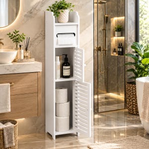 May include: A tall, narrow white bathroom storage cabinet featuring an open top shelf with a potted plant, a middle section with a toilet paper dispenser slot, and two lower shelves enclosed by slatted doors containing toiletries and toilet paper rolls.