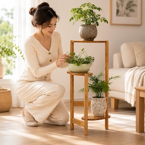 May include: A three-tiered bamboo plant stand with a light wood finish. The stand features three circular shelves at varying heights, each holding a potted plant. The top shelf holds a textured grey pot, the middle a light green bowl, and the bottom a speckled white pot.