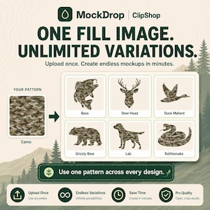 以下が含まれることがあります： MockDropとClipShopのプロモーション画像。カモフラージュ柄が、バス、鹿の頭、アヒル、クマ、犬、ヘビなどの動物のシルエットに適用されています。「ONE FILL IMAGE. UNLIMITED VARIATIONS.」と書かれています。