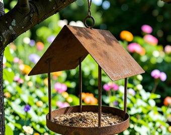 Rustic House Bird Feeder, Metal Outdoor Hanging Feeder, Cottage Garden Decor, Porch Patio Bird Lover Gift