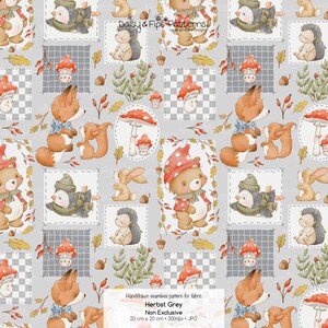 Könnte beinhalten: Ein nahtloses Muster mit Waldtieren wie Füchsen, Bären und Igeln, zusammen mit Pilzen und Blättern, vor einem grauen Hintergrund. Das Design enthält den Text "Herbst Grey" und Abmessungen von 20 cm x 20 cm.