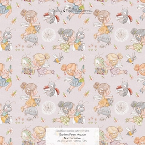 Könnte beinhalten: Ein nahtloses Stoffmuster mit Illustrationen von Feen und Insekten auf hellmauvefarbenem Hintergrund. Das Design enthält den Text Daisy & Fips Patterns by Birgit Bailey Designs und Garten Feen Mauve, Non Exclusive, 20 cm x 20 cm, 300dpi, JPG.