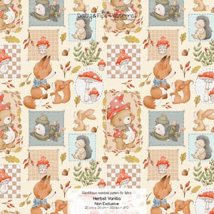 Könnte beinhalten: Ein sich wiederholendes Muster mit Waldtieren wie Füchsen, Bären, Igeln und Kaninchen, zusammen mit Pilzen und Blättern. Das Design enthält den Text "Herbst Vanilla" und "Non Exclusive". Das Muster ist 20 cm x 20 cm groß.