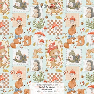 Könnte beinhalten: Ein nahtloses Muster mit Waldtieren, Pilzen und Herbstblättern auf hellblauem Hintergrund. Das Design umfasst Füchse, Eichhörnchen, Bären, Pinguine und Igel. Der Text "Herbst Turquoise" ist sichtbar.