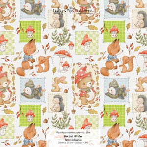Könnte beinhalten: Ein nahtloses Muster mit Waldtieren wie Füchsen, Bären, Igeln und Pinguinen, zusammen mit Pilzen und Blättern. Das Design ist vor einem weißen Hintergrund im Patchwork-Stil gehalten. Der Text "Herbst White" ist enthalten. Die Mustergröße beträgt 20 cm x 20 cm.