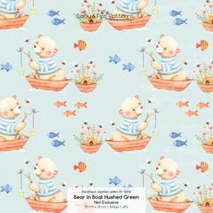 Könnte beinhalten: Ein nahtloses Muster auf hellgrünem Hintergrund mit illustrierten Bären in gestreiften Hemden in kleinen orangefarbenen Booten, die gelbe Fische angeln. Das Design enthält orange und blaue Fische, Bienen und Blumen. Text: Daisy & Fips Patterns.
