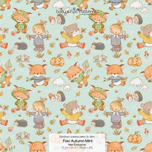 Könnte beinhalten: Ein nahtloses Muster mit Cartoon-Füchsen, Bären, Vogelscheuchen, Igeln, Kürbissen und Pilzen auf mintgrünem Hintergrund. Das Design umfasst Drachen, Blätter und Schnecken. Der Text "Foxi Autumn Mint" ist sichtbar. Das Muster ist 20 cm x 20 cm groß.