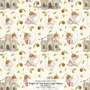 Könnte beinhalten: Ein nahtloses Muster auf hellgelbem Hintergrund mit Illustrationen von Mäusen, die Eichelkappen als Helme tragen, Baumstumpfburgen, Eichenblättern, Eicheln und kleinen Bienen. Der Text Daisy & Fips Patterns und Knight Of The Acorn Light Yellow ist sichtbar.