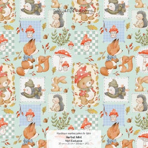 Könnte beinhalten: Ein sich wiederholendes Muster mit Illustrationen von Waldtieren wie Füchsen, Bären und Igeln, zusammen mit Pilzen und Blättern, auf hellgrünem Hintergrund. Das Design enthält den Text "Herbst Mint" und Abmessungen von 20 cm x 20 cm.