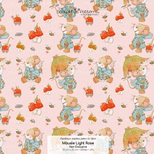 Autumn Mouse Fabric Pattern, Watercolor Fall Seamless Design, Cute Mouse with Umbrella, Mushrooms, Apples & Bees, Kids Nursery Mint