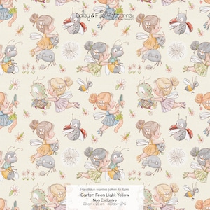 Könnte beinhalten: Ein nahtloses Stoffmuster mit handgezeichneten Illustrationen von Feen mit Flügeln, die mit verschiedenen Insekten wie Marienkäfern und Bienen auf hellgelbem Hintergrund interagieren. Der Text Daisy & Fips Patterns by Birgit Boley Designs ist sichtbar.