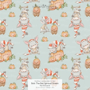 Könnte beinhalten: Ein nahtloses Stoffmuster auf hellgrünem Hintergrund mit Illustrationen von grauen Fledermäusen in rot-weiß gestreiften Mützen, die mit orangefarbenen Kürbissen interagieren. Der Text lautet Daisy & Fips Patterns, Bob The Bat Sproud Green, Non Exclusive, 20 cm x 20 cm, 300dpi, JPG.