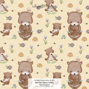 Könnte beinhalten: Ein sich wiederholendes Muster mit Cartoon-Bären, Bienen, Blumen und Bienenstöcken auf hellgelbem Hintergrund. Die Bären sind braun mit weißen Akzenten. Der Text "Daisy & Fips Patterns" ist oben sichtbar. Der Text "Bärchen Mama Vanilla" ist unten.