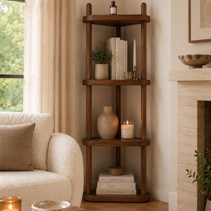 Op de afbeelding: Een hoog hoekrek met vier niveaus, gemaakt van donkerbruin hout. Het meubel heeft afgeronde planken die worden ondersteund door cilindrische verticale stijlen. Het is gedecoreerd met diverse boeken, een kleine plant in pot, een kaars en een vaas.