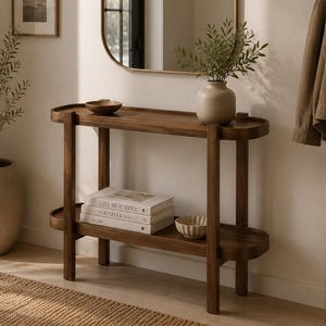 May include: A dark brown wooden console table with two rounded shelves, featuring a small bowl and a ceramic vase with greenery on the top surface, and a stack of three white books and a small bowl on the bottom shelf, positioned in an entryway.