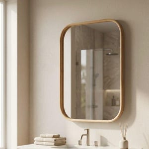 May include: A modern bathroom vanity with a rectangular mirror with rounded corners. The mirror has a light wood frame. Below is a white countertop with a silver faucet, a stack of folded towels, and a wooden cabinet.
