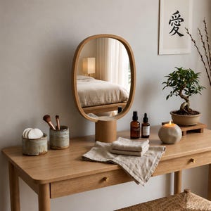 Peut inclure: Une coiffeuse en bois clair avec un miroir ovale assorti sur une base cylindrique. La table comporte deux tiroirs avec de petits boutons ronds, un banc à assise tressée, un bonsaï, une bougie allumée, deux flacons et des récipients en céramique.