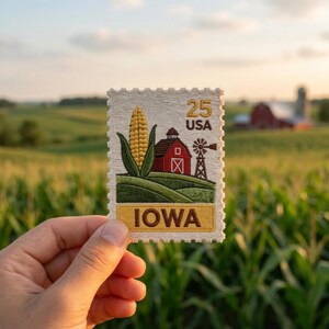 May include: A rectangular embroidered patch shaped like a postage stamp featuring a yellow ear of corn, a red barn, and a brown windmill. The text 25 USA is at the top right, and the word IOWA is printed in brown letters on a yellow background.