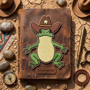 May include: A brown leather journal featuring an embroidered patch of a green frog wearing a brown cowboy hat with a white star. The cover includes a rectangular leather label embossed with the text TRAIL NOTES in capital letters.
