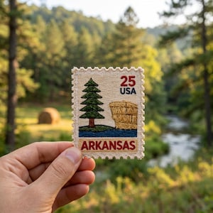Arkansas Pine Tree Patch, USA Travel Stamp Applique, Hay Bale Badge, State Souvenir, Iron On Patch, DIY Craft Supply