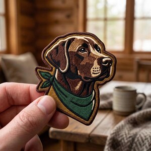 May include: An embroidered patch featuring a brown Labrador retriever dog head in profile, wearing a dark green bandana. The patch has a dark brown border and detailed stitching in shades of brown, tan, and green, capturing the dog's facial features.