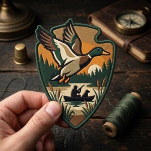 Duck Hunting Boat Mallard Arrowhead Embroidered Patch, Flying Waterfowl Iron On Patch for Jackets Hats, Outdoor Hunter Sportsman Gift