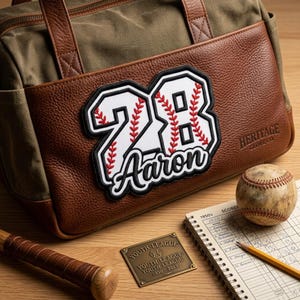 May include: A duffel bag made of olive green canvas and brown pebbled leather featuring a large patch with the number 28 in white with red baseball stitching and the name Aaron in black script. Includes a baseball, a scorebook, and a plaque.