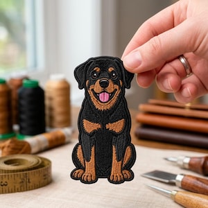 May include: An embroidered patch featuring a Rottweiler puppy with black and tan fur, floppy ears, and a pink tongue. The puppy is depicted in a sitting position with a friendly expression, rendered in detailed thread work with a black border.