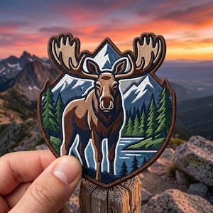 May include: A shield-shaped embroidered patch featuring a brown moose standing in front of a blue river, green pine trees, and white-capped mountains. The patch has a dark brown stitched border and intricate thread work depicting a wilderness scene.
