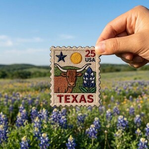 May include: A rectangular embroidered patch shaped like a postage stamp featuring a brown longhorn steer, a yellow sun, a blue star, and a blue and white bluebonnet flower. The text 25 USA and TEXAS is stitched in red and black thread.