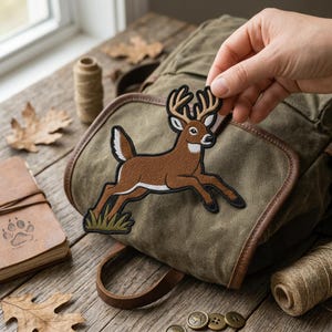 May include: An embroidered iron-on patch featuring a brown deer with large antlers leaping over a small patch of green grass. The deer has a white belly, white tail underside, and black hooves, with a black stitched border outlining the entire shape.