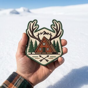 May include: A shield-shaped embroidered patch featuring a brown A-frame cabin, green pine trees, and dark brown deer antlers. The design includes a mountain silhouette in the background and two crossed arrows at the bottom, all bordered in dark green.