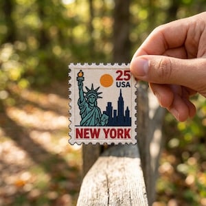 May include: A rectangular embroidered patch shaped like a postage stamp featuring the Statue of Liberty in teal, a yellow sun, and a dark blue New York City skyline. The text reads 25 USA and NEW YORK in red on a cream-colored fabric background.