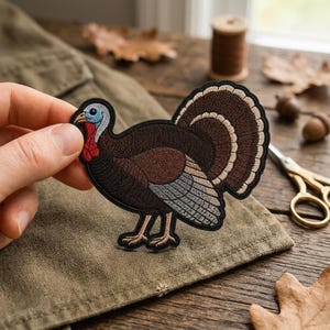 May include: An embroidered iron-on patch featuring a turkey with brown feathers, a light blue head, and a bright red wattle. The turkey is depicted in profile, showcasing a large, fanned-out tail with cream-colored edges and detailed stitching.
