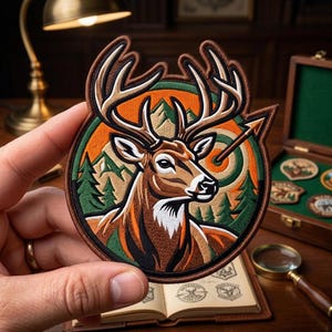 May include: A circular embroidered patch featuring a brown deer head with large antlers centered against a background of green pine trees, tan mountains, and an orange sun. An arrow is depicted piercing the orange circular border on the right side.