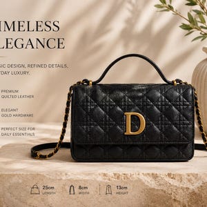 Black Quilted Leather Top Handle Shoulder Bag, Gold Hardware